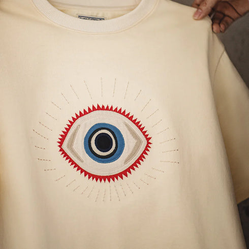 Retro Guardian Eye Embroidered T-Shirt – Men’s 300g Heavy Cotton Summer Tee